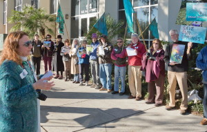 Merrillee Maltwitz-Jipson of Our Santa Fe River addresses the Clean Water Rally in Gainesville, FL, Jan. 2014, part of a statewide Clean Water initiative.